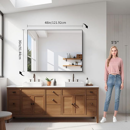 YIROMAN Bathroom Mirror 48"x36", Large Brushed Gold Bathroom Mirror for Over Sink with Aluminum Frame, Rectangular Vanity Mirror with Right Angle, Wall Mirror Hangs Horizontal or Vertical