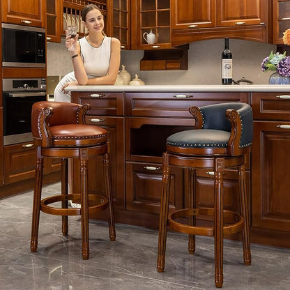 Cow top Leather Wooden Bar Stools, 29.5" Bar Height Bar Chair with Back, 180 Degrees Swivel Barstools Chair for Home Kitchen Counter,Dining Room, Restaurant,Study and Pub,2pcs(Brown)