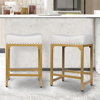 White & Gold Counter Height Bar Stools Set of 3, 24" Bar Stools for Kitchen Island, Modern Counter Stool Set of 3 Backless Saddle Barstools for Kitchen Dining Room White Gold