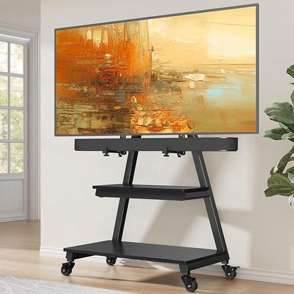 Perlegear Mobile TV Stand with Soundbar Mount, Rolling Floor TV Stand with Wheels for 43-80" TVs up to 132lbs, Mobile TV Cart with Storage Shelves, Tilt Swivel Corner TV Cart Max VESA 600x400mm