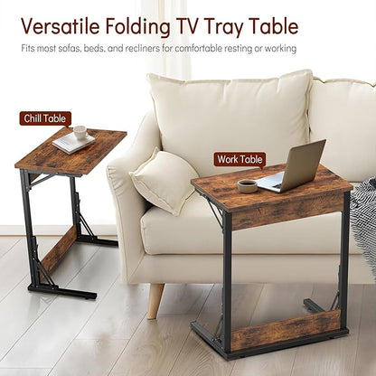 Tatub 24" Folding C Shaped End Table Set of 2, Small Sofa Side Laptop Desk, Couch TV Tray Table for Living Room, Bedroom, Rustic Brown
