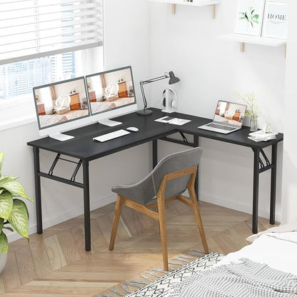 DlandHome Reversible L-Shaped Desk Large Corner Desk Folding Table Computer Desk Home Office Table Computer Workstation,Black-N
