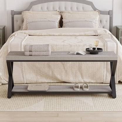 IBF Industrial Wood Entryway Bench, Indoor Farmhouse Hallway Accent Entry Bench for Seating Sitting with Storage, Metal Shoe Rack Grey Bench Organizer in Foyer Bedroom, Light Grey Oak, 47 Inch Long