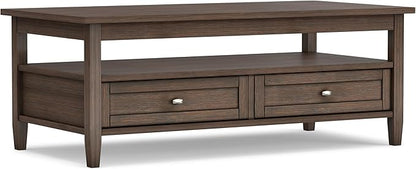 SIMPLIHOME Warm Shaker Coffee Table - 48 inch Wide Solid Wood Cocktail Table in Farmhouse Brown, Transitional Living Room Table with 2 Storage Drawers and Open Shelf for Sitting Area or Lounge