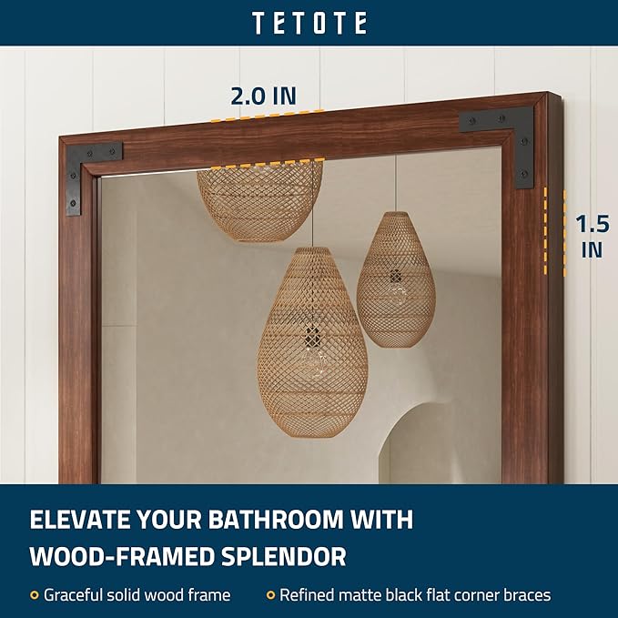 TETOTE 24 x 32 Walnut Wood Framed Mirror for Bathroom Wall/Bedroom/Living Room/Entryway Farmhouse Rustic Wall Mirror Waterproof (Horizontal/Vertical Mounted)