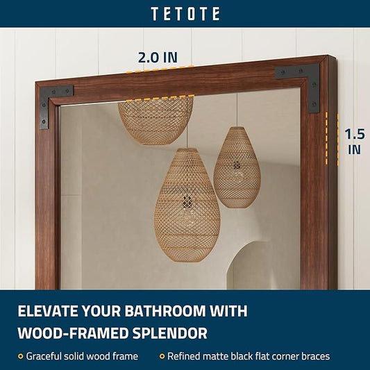 TETOTE 24 x 32 Walnut Wood Framed Mirror for Bathroom Wall/Bedroom/Living Room/Entryway Farmhouse Rustic Wall Mirror Waterproof (Horizontal/Vertical Mounted)
