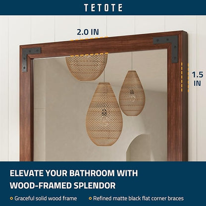 TETOTE 18 x 26 Walnut Wood Mirror for Bathroom Wall/Bedroom/Living Room/Entryway Farmhouse Rustic Bathroom Vanity Mirror for Over Sink Waterproof (Horizontal/Vertical Mounted)
