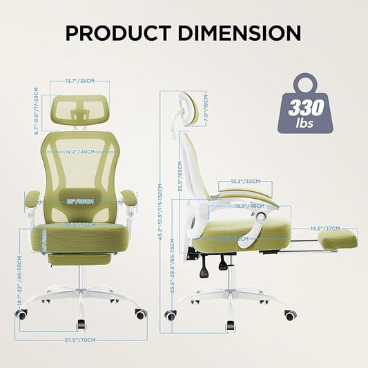 Ergonomic Office Chair with Footrest,Ultra Thick Reclining Office Desk Chair with Adjustable 2D Lumbar Support and Headrest,Spring Cushion,High Back Premium Mesh Computer Chair Office Chairs,Green