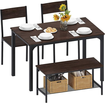 SogesHome 4-Piece Kitchen Table and 2 Chairs for 4 with Bench, Dining Table Set for Small Space, Apartment, Living-Room, Restaurant, Dark Walnut