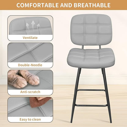 Bar Stools Set of 2, 24 Inch Upholstered Metal Barstool with Back and Footrest, Bar Chair with Metal Base for Dining Room Counter Island, Light Grey