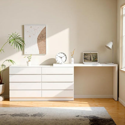 8 Drawer Vanity Dresser Combo with Extendable Table & L-Shaped Desk, White MDF Large Dresser for Bedroom, Adjustable Makeup Dressing Table with Wide Storage, Desk and Vanity Combo for Small Spaces