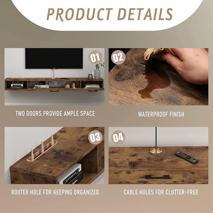 Pmnianhua Farmhouse Floating TV Stand with 2 Doors,55'' Under TV Shelf Floating,Wall Mounted TV Shelf,Rustic Floating TV Console for Under TV(Rustic Brown)