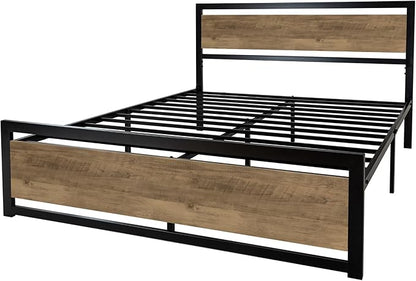 SHA CERLIN Queen Size Bed Frame with Modern Headboard, Heavy Duty Platform Metal Base with Square Footboard and 13 Strong Slats Support, No Box Spring Needed, Brown