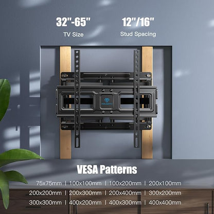 PERLESMITH TV Wall Mount Full Motion for 32-65 Inch Flat Curved Screen TVs, TV Mount with Swivels Tilts Extension Dual Articulating Bracket Arms Supports up to 99 lbs Max VESA 400x400, PSMFK9