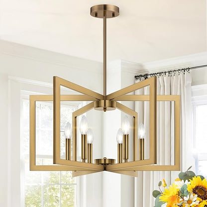 25" Modern Brass Chandelier for Dining Room (6-Light, 25-Inch), Geometric Brass Dining Room Light Fixture Over Table, Industrial Metal Hanging Pendant Lights for Kitchen Island, Entryway, Foyer
