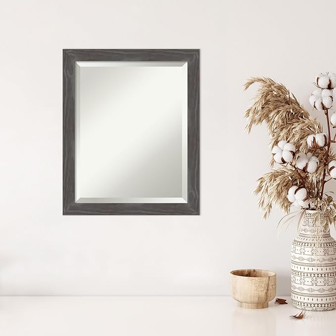 Amanti Art Grey Wall Mirror 23x19 Woodridge Rustic Grey Rectangle Bathroom Mirror for Wall Decor Living Room, Small Country Rustic Wood Frame, Hangs Horizonally and Vertically, Bathroom Decor,