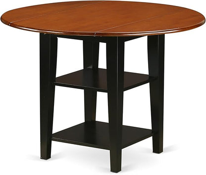 East West Furniture SUPF5-BCH-C 5 Piece Kitchen Table & Chairs Set Includes a Round Dining Table with Dropleaf & Shelves and 4 Linen Fabric Dining Room Chairs, 42x42 Inch, Black & Cherry
