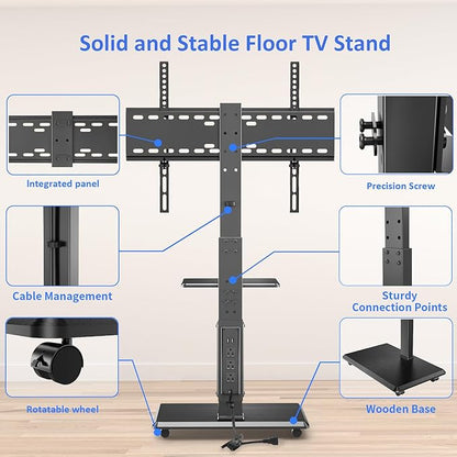 Rolling TV Stand with Power Outlet, Mobile TV Cart for 32-75 Inch TVs up to 110 lbs, 18 Adjustable Heights, Max VESA 600x400mm, TV Floor Stand with Swivel Mount/Shelf/Wheels, Fits for Bedroom, Outdoor