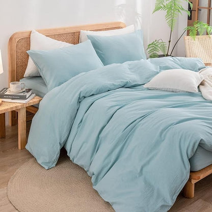 BESTOUCH Duvet Cover Set 100% Washed Cotton Linen Feel Super Soft Comfortable Chic Lightweight 3 PCs Home Bedding Set Solid Hushed Green Oversized Full