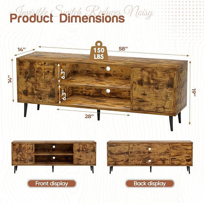 YESHOMY Modern TV Stand for 65" Television, Entertainment Center with Two Storage Cabinets and Open Shelves, Retro Style Media Console for Living Room, Bedroom, Office, 58 Inch, Rustic Brown