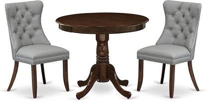 East West Furniture ANDA3-AWA-27 3 Piece Dining Room Table Set Consists of a Round Kitchen Table with Pedestal and 2 Polyester Fabric Parson Chairs, 36x36 Inch, Antique Walnut