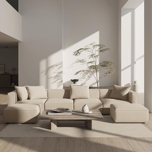 Acanva Luxury Modular Sectional Living Room Sofa Set, Modern Minimalist Style Couch with Ottoman and Chaise, U-Shape, Linen-Like Cream