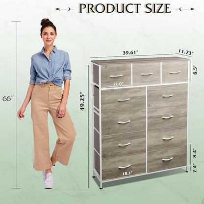 WLIVE Storage Organizer Unit with 11 Fabric Bins, Storage Drawers Organizer with Steel Frame, Tall Storage Tower Organizaton for Living Room, Hallway, Office, Greige