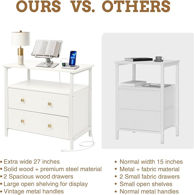 27 inch Wide Nightstand with Charging Station, Bedside Table with Open Shelf, 2 Drawers Small Wood Dresser, End Side Table for Bedroom (White)