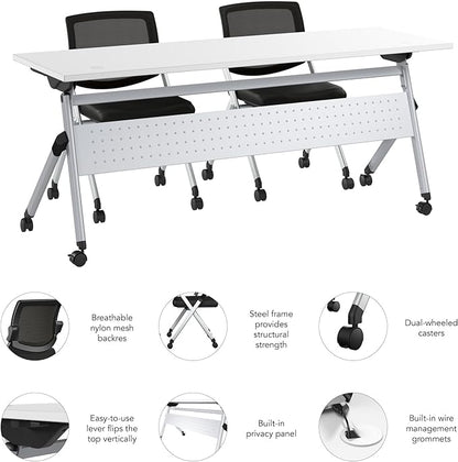 Bush Business Furniture Folding Training Table Set for 2, 72 inch, 2 Mesh Back Folding Chairs, Commercial-Grade Bundle for Office or Classroom, Envision Collection, White