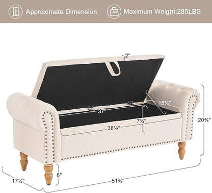 Furniliving 51” Storage Benches, End of Bed Bench with Button-Tufted Large Upholstered Storage Ottoman Linen Window Bench with Storage Shoe Cabinet Bench, for Bedroom, Entryway, Closet, Beige