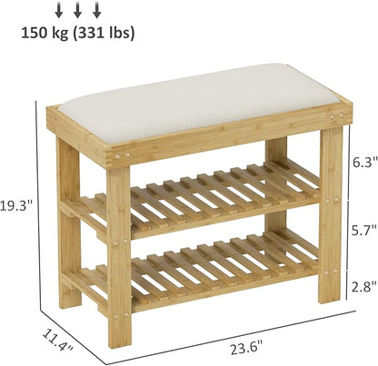 HOMCOM Bamboo Shoe Bench, 3-Tier Entryway Bench with Storage and Cushion, Shoe Organizer for Entryway, Hallway, Holds Up to 331 lbs, 23.6 x 11.4 x 19.3 Inches, Cream White
