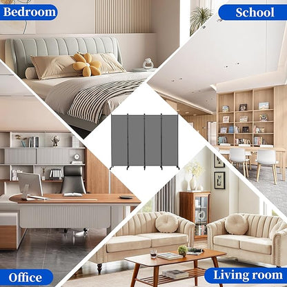 Room Divider 6FT Room Partition with Lockable Wheels,4 Panel (Thicked Metal Base) Room Dividers, Freestanding Indoor Folding Privacy Screens, Portable Fabric Wall Divider for Room Separation, Grey