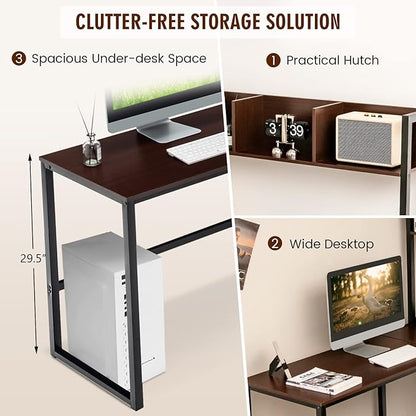 Tangkula Reversible L-Shaped Desk with Hutch, Space Saving Corner Computer Desk with Storage Shelves, Home Office Study Writing Desk Computer Workstation with Storage Bookshelf, Gaming Desk