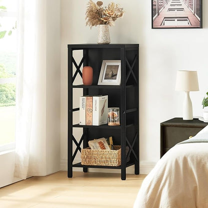 Small Bookshelf,4 Tier Industrial Bookcase with Metal Frame and Backboard,Narrow Black Book Shelf,Office Book case for Small Spaces,Living Room,Bedroom and Home Office