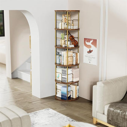 5 Tier Rotating Bookshelf, 360 ° Display Stackable Spinning Bookshelf Tower, Narrow Space Saving Tall Floor Standing Swivel Bookcase Corner Storage Organizer for Bedroom, Living Room, Gold
