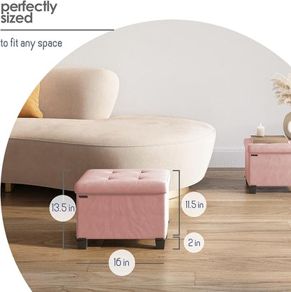 STORAGEBUD Storage Ottoman Cube with Small Bin, 16-in Square Ottoman with Storage for Living Room and Bedroom, Small Ottomans Foot Rest, Faux Leather Foot Stools Ottomans Max 330lbs, Pink