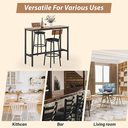 Dining Table Set for 2, 3-Piece Bar Table and Chairs Set, Kitchen Table and Chairs, High Top Table with 2 PU Upholstered Stools, Space-Saving Pub Table Sets for Small Space, Brown