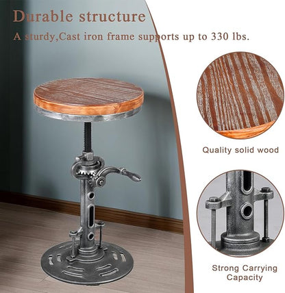 LOKKHAN American Antique Steampunk Deco Vintage Industrial Bar Cafe Stool, Retro Stylish Cast Iron Base Swivel Round Wood Top, Easily Adjusts by Crank Handle