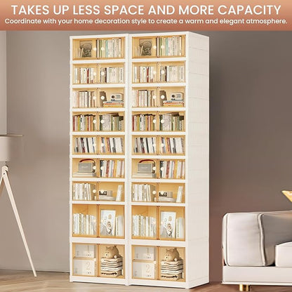 Foldable Shoe Organizer Storage Box, Portable Extra Large Folding Shoe Rack for Closet, Shoe Storage Box with Magnetic Transparent Door and Wheels, 9 Layers 18 Grids with 4 Big Grids for 2 PCS