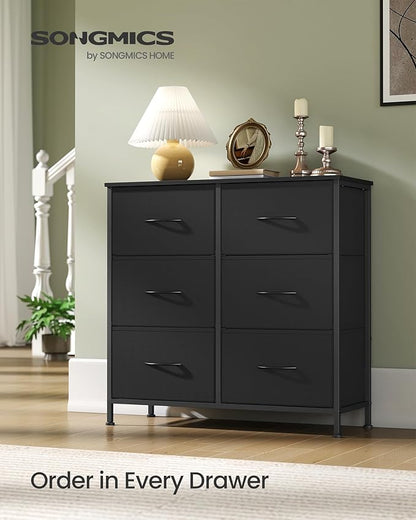 SONGMICS Dresser for Bedroom, Chest of Drawers, TV Stand, Steel, MDF, 6 Non-Woven Fabric Drawers, Storage Organizer Unit, Closet, Entryway, Ink Black and Ebony Black ULGS123B01S