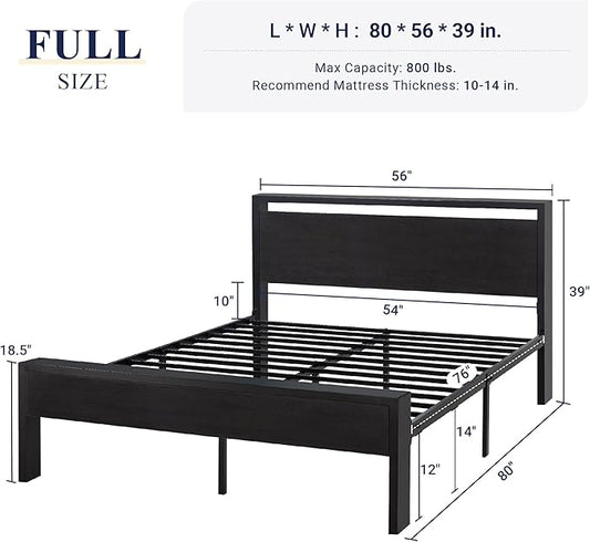 Allewie Full Size Platform Bed Frame with Wooden Headboard and Footboard, Heavy Duty 12 Metal Slats Support, No Box Spring Needed, Under-Bed Storage, Noise Free, Easy Assembly, Black Oak