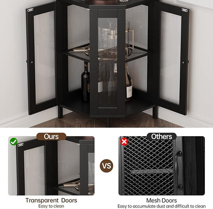 Corner Bar Cabinet with Power Outlet, 5-Tier Corner Wine Cabinet with Led Strip and Glass Holder, Industrial Tall Liquor Cabinet Bar Wine Rack for Home，Black