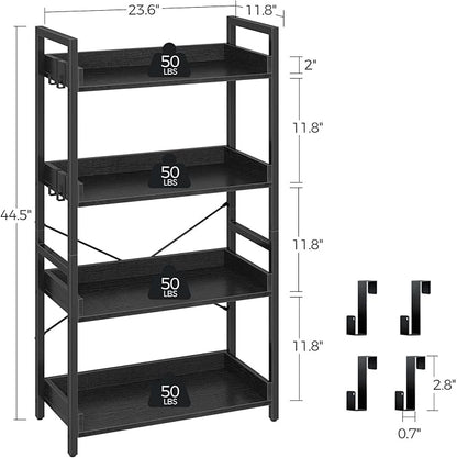 Rolanstar Bookshelf 4 Tier with 4 Hooks, Industrial Bookcase, Vintage Storage Rack with Open Shelves, Rustic Standing Bookshelves Metal Frame Display Rack for Living Room, Bedroom, Black