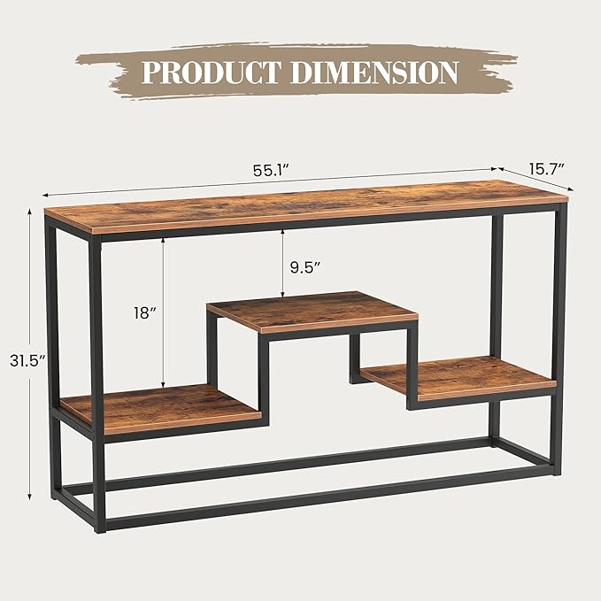TV Stand for TVs up to 65 Inch, TV Console Table with 3-Tier Open Storage Shelves, Modern Industrial Entertainment Center for Living Room, Bedroom, Rustic Brown