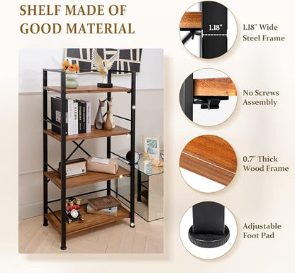 Crofy Rustic Bookshelf, 4 Tier Real Wood Bookshelf, Metal Book Shelf for Storage, Black Bookcase, 12.6" D x 23.62" W x 50.39" H