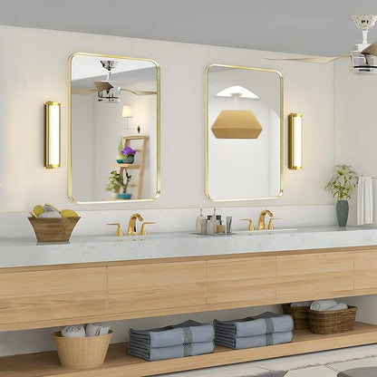 Wall Mount Mirror for Bathroom, Brushed Gold Metal Framed Rounded Corner Rectangular Vanity Mirror (24" x 36", Gold)