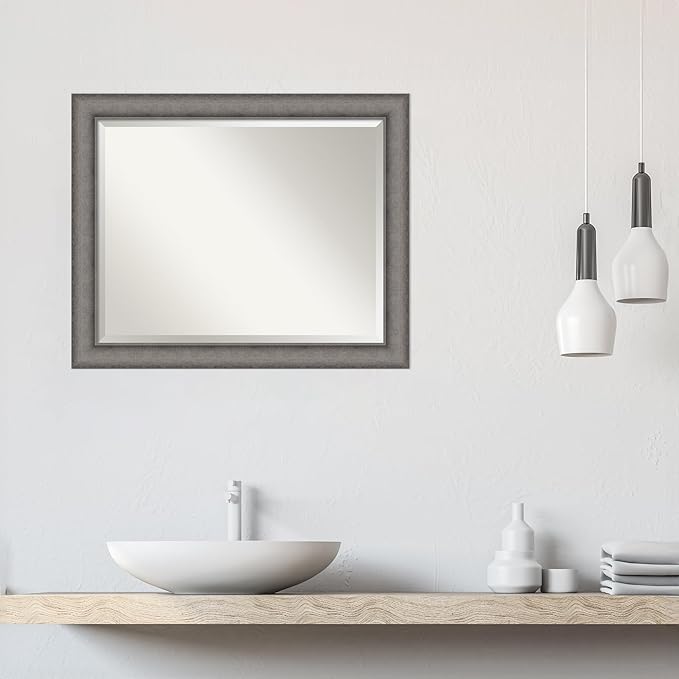 Amanti Art Grey Wall Mirror 27x33 Burnished Concrete Rectangle Bathroom Mirror for Wall Decor Living Room, Large Modern Contemporary Wood Frame, Hangs Horizonally and Vertically, Bathroom Decor