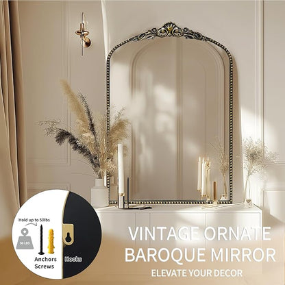 G-LEAF Vintage Baroque Mirror 24"X36", Victorian Antique Farmhouse Mantel Mirror with Black Brush Gold Ornate Metal Frame for Fireplace Entryway Living Room Hallway Bathroom