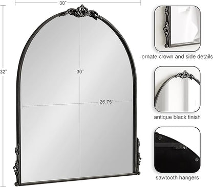 Kate and Laurel Myrcelle Traditional Arched Mirror; 30 x 32; Black; Decorative Large Arch Mirror with Ornate Garland Detailing Along The Crown and Edges of The Frame