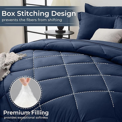 HEVUMYI Navy Blue King Comforter Set - 7-Piece All Season Bed in a Bag King, Ultra Soft Bedding Set with Comforter, Flat Sheet, Fitted Sheet, Pillowcases, Pillow Shams, Navy Blue